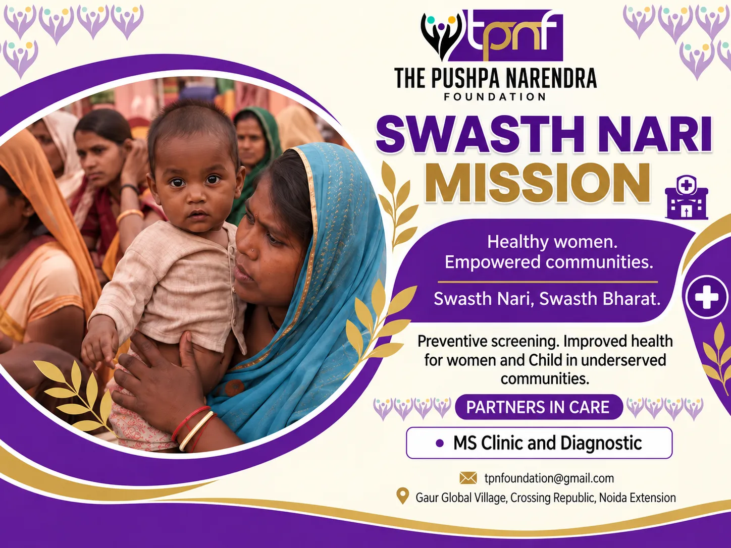 Swasth Nari Mission campaign poster from The Pushpa Narendra Foundation, featuring a mother and child and naming MS Clinic and Diagnostic as its partner in care.