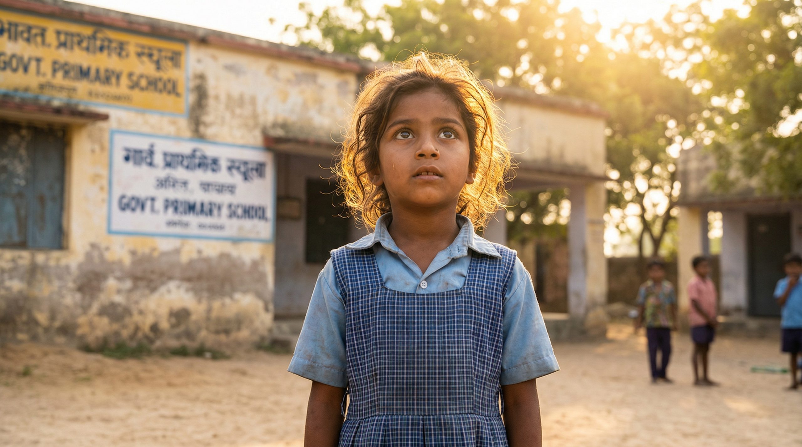 Young Indian girl in blue school uniform standing outside a government primary school at sunset