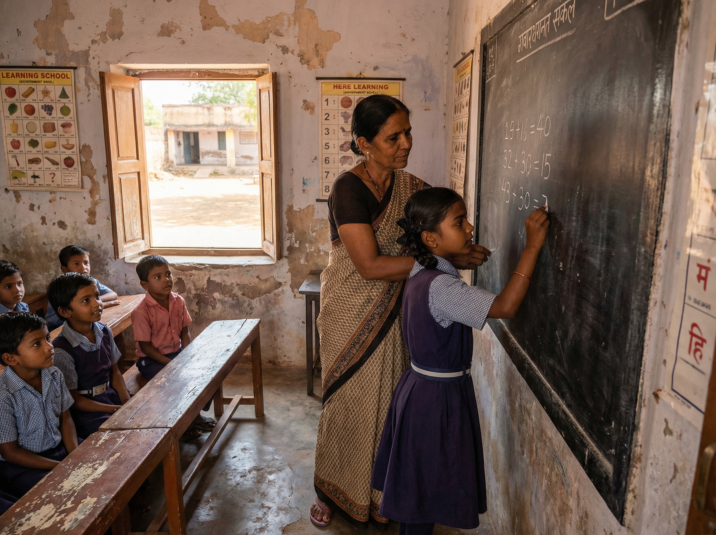 Indian teacher in saree guiding a young girl writing Hindi on a blackboard in a rural classroom